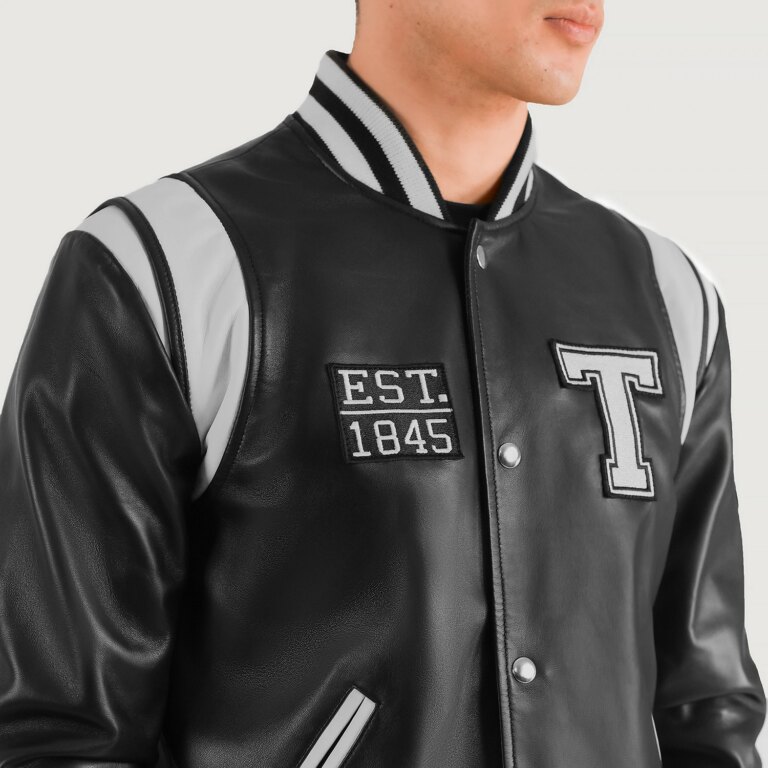 Mens Liberte Texas Black Leather Varsity Jacket Close Front-5-1704192167136